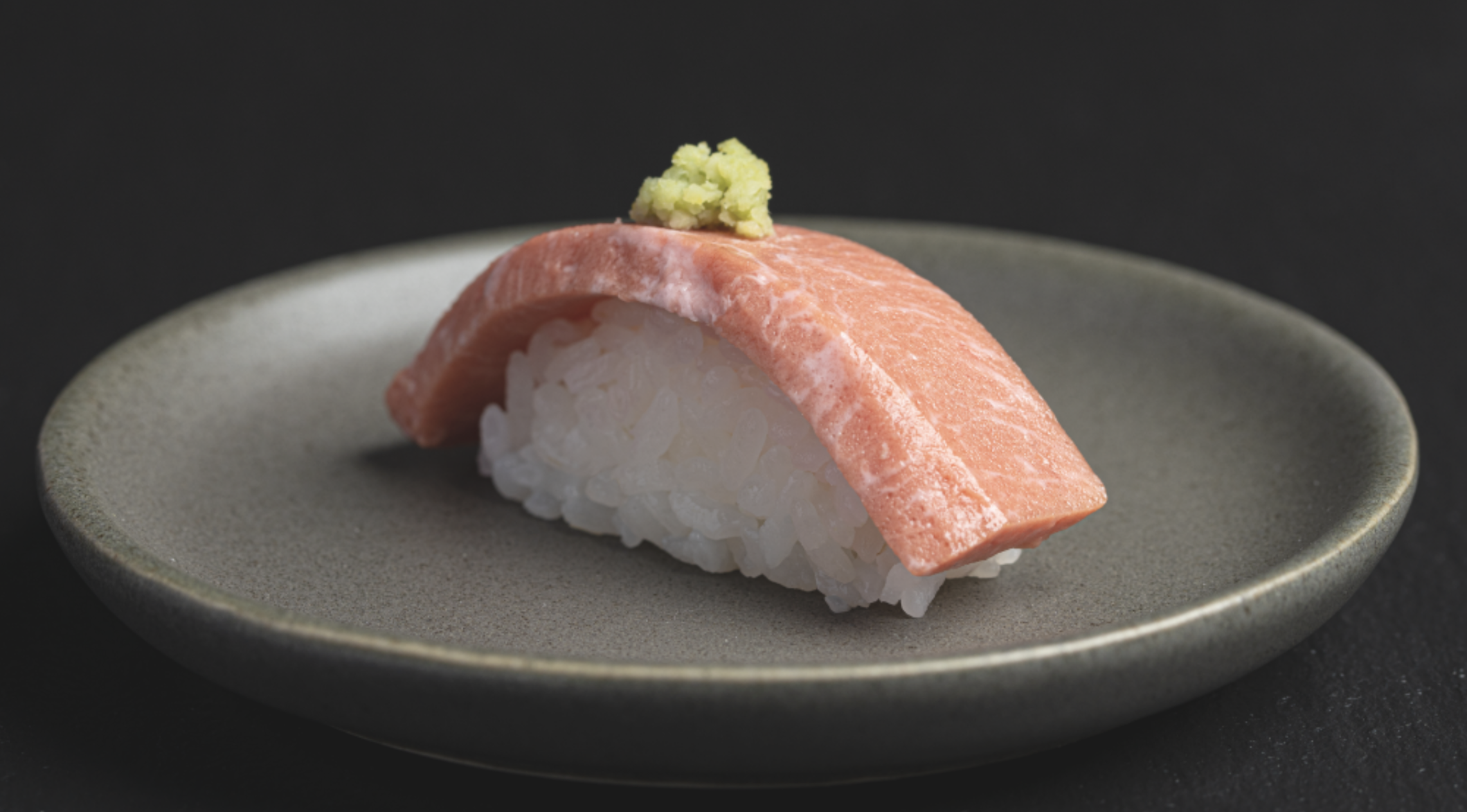 plate with plant tuna, rice, and wasabi
